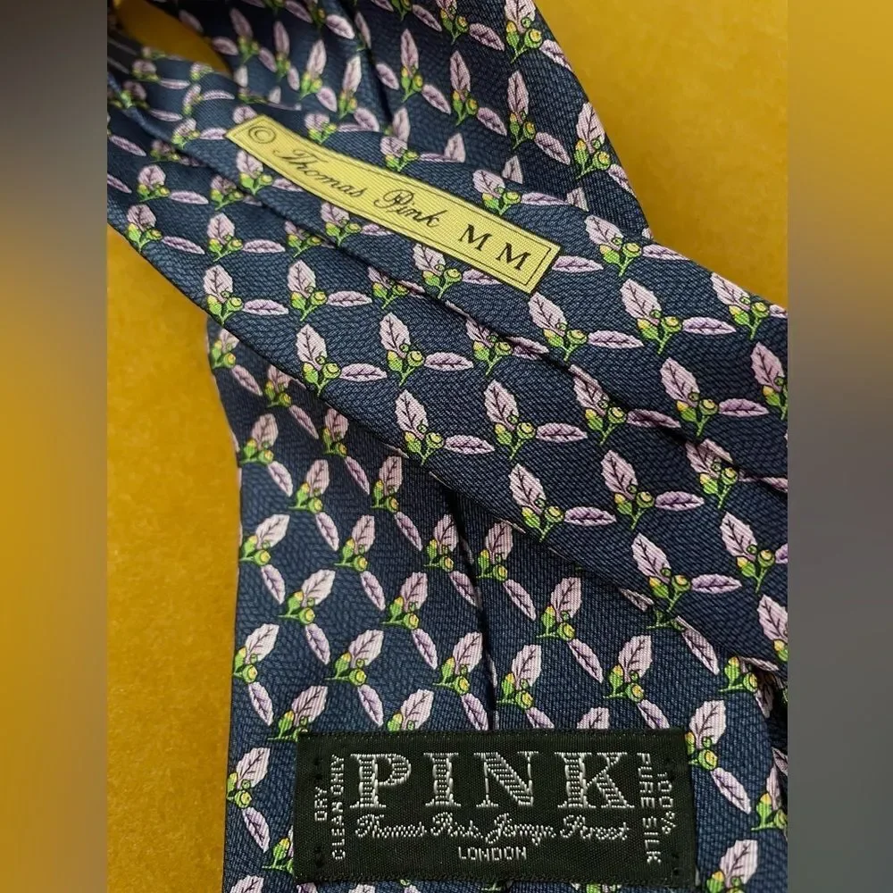 Thomas PINK Blue Silk Neck Tie Purple Leaves